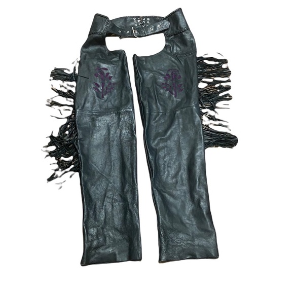 Vintage UNIK Genuine Leather Braided Roses Fringe Riding Chaps - Picture 1 of 10
